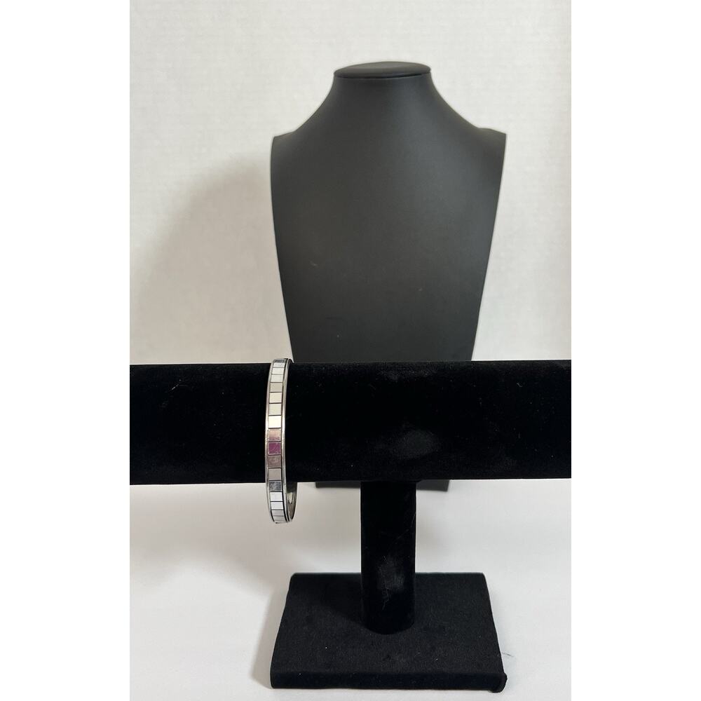 Vintage Women’s Metal Link Thin Cuff Bracelet Black Mirrored Tiles 7.5” L